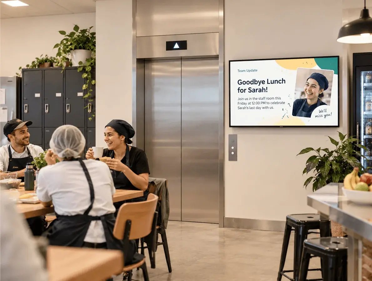 A digital signage screen around elevatory showing Tenant & Employee Announcements