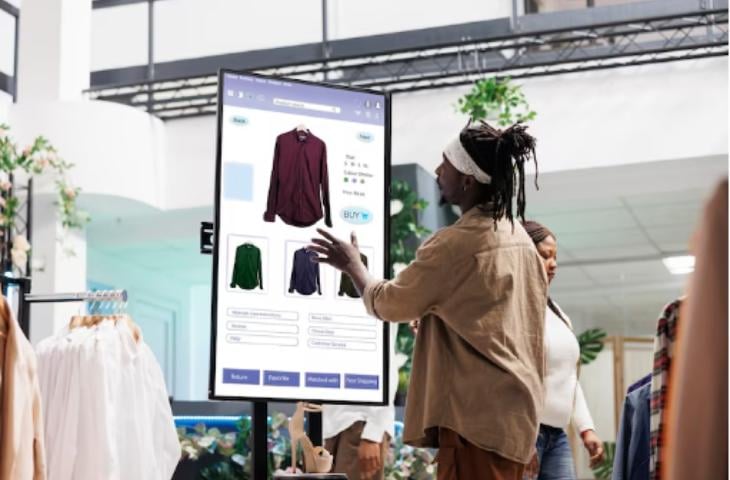 Woman interacting with a digital signage screen while on her phone.