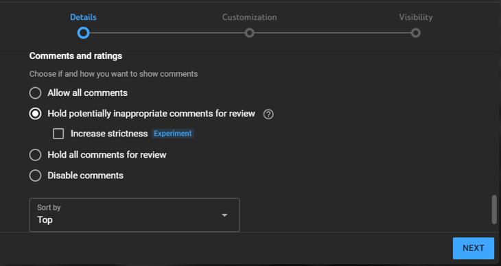 hold inappropriate comments for review checkbox