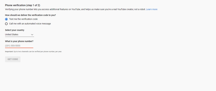 youtube phone verification step 1 of 2