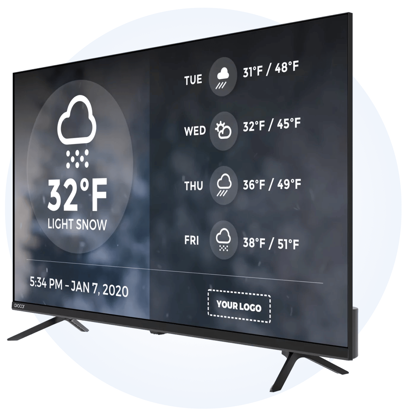 An Avocor R Series display showing a weather template.
