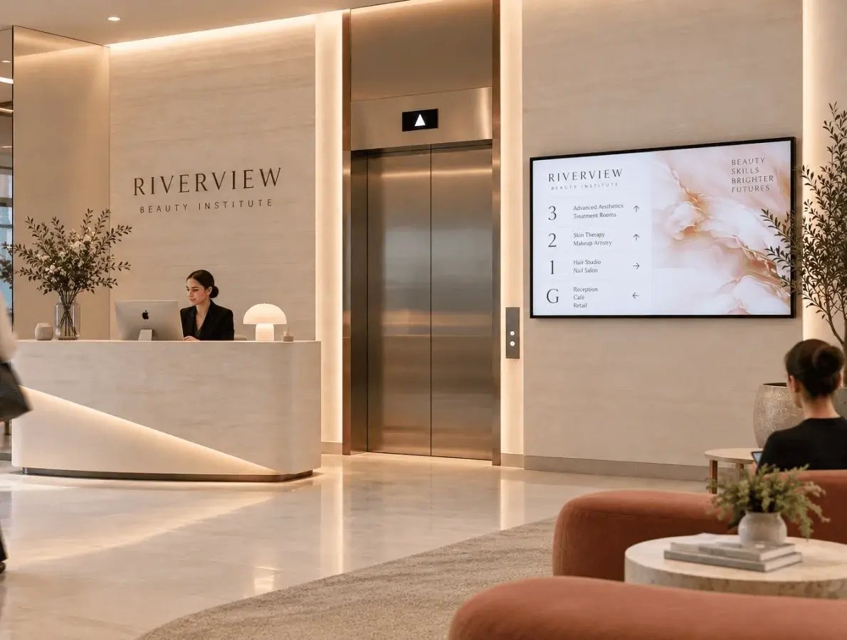 Building Directory & Wayfinding digital sigange around an elevator