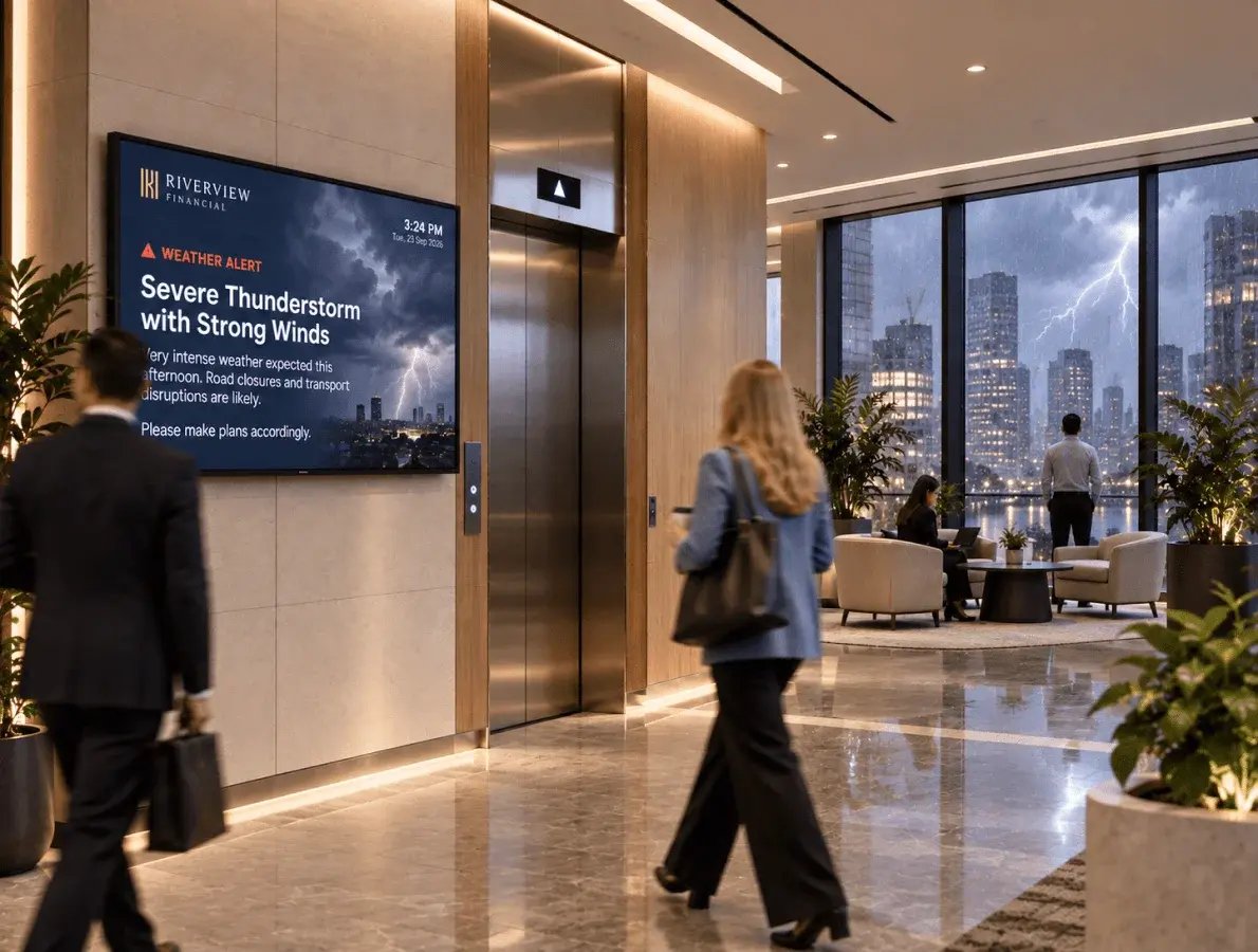 2 people walking around a digital signage screen, displaying emergency and weather alerts