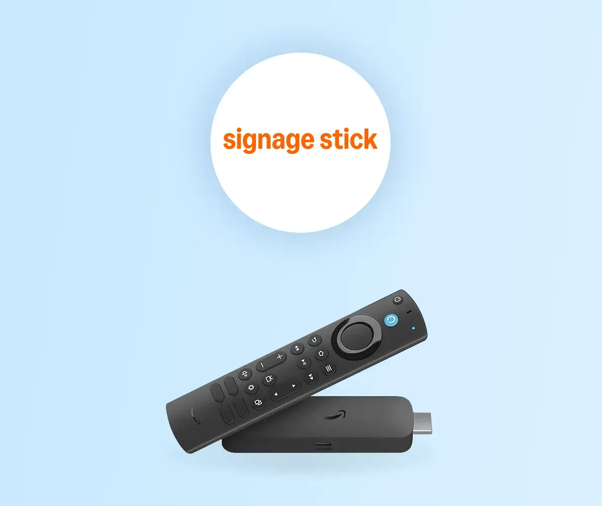 Amazon Signage Stick media player and logo on a blue background