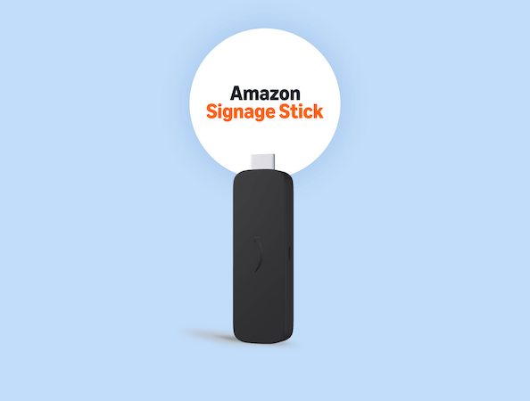 Amazon Signage Stick media player and logo on a blue background