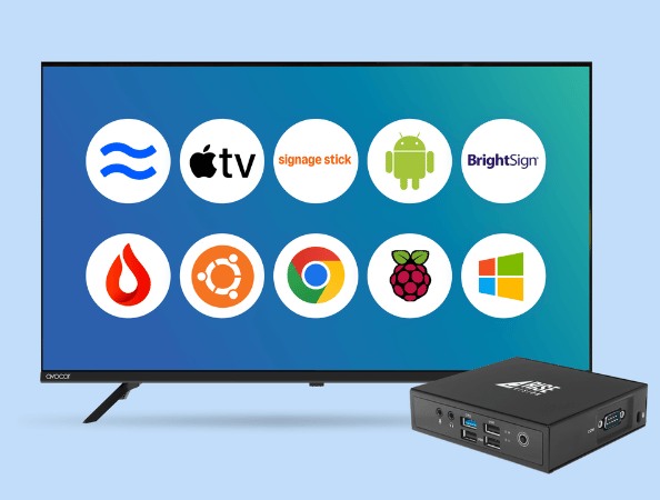 Rise Vision Avocor Display with 10 hardware OS logos and a Rise Vision Media Player on a blue background