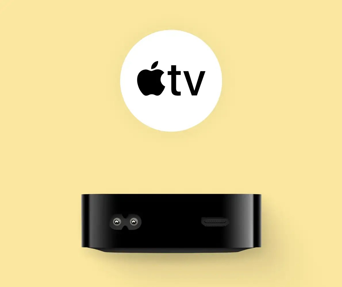 Apple TV media player and logo on a yellow background