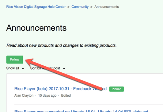 How to follow announcements in rise vision community
