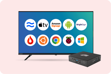 A large TV display and media player from Rise Vision. 10 operating system logos are displayed on the display screen.