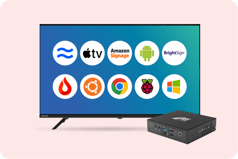 A large TV display and media player from Rise Vision. 10 operating system logos are displayed on the display screen.