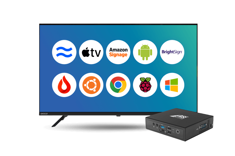 A large TV display and media player from Rise Vision. 10 operating system logos are displayed on the display screen.