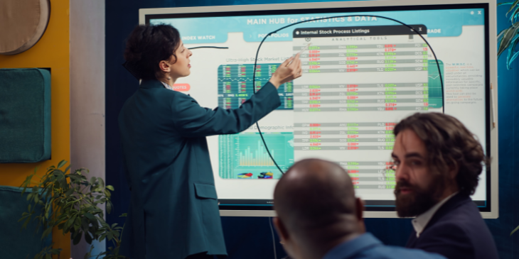 Corporate woman showing business report using Digital Board