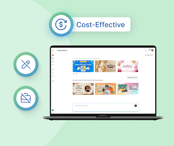 Laptop with AI generated digital signage presentation options, text overlay "Cost-Effective"