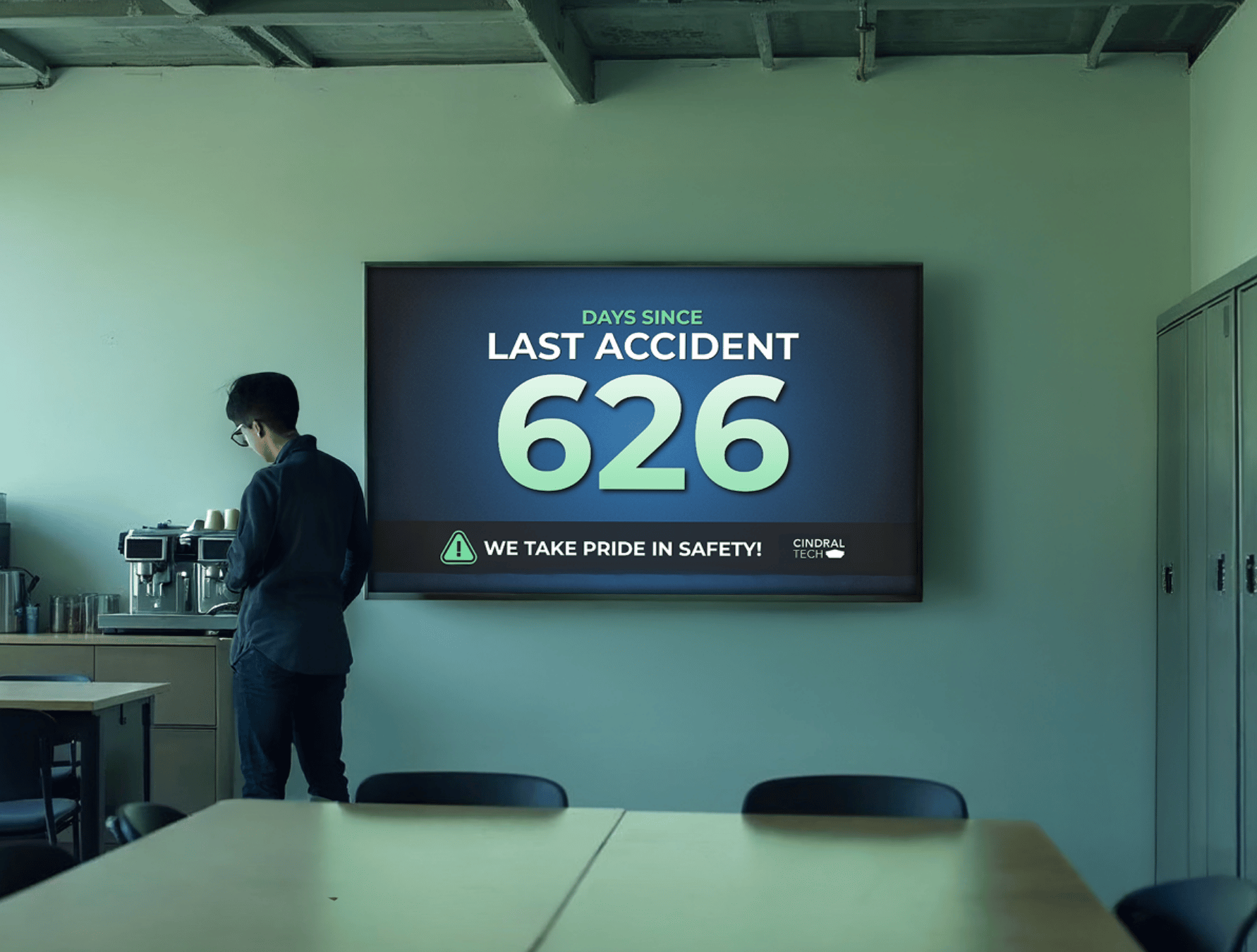 An employee in a warehouse break room with a digital display indicating 626 days since the last accident
