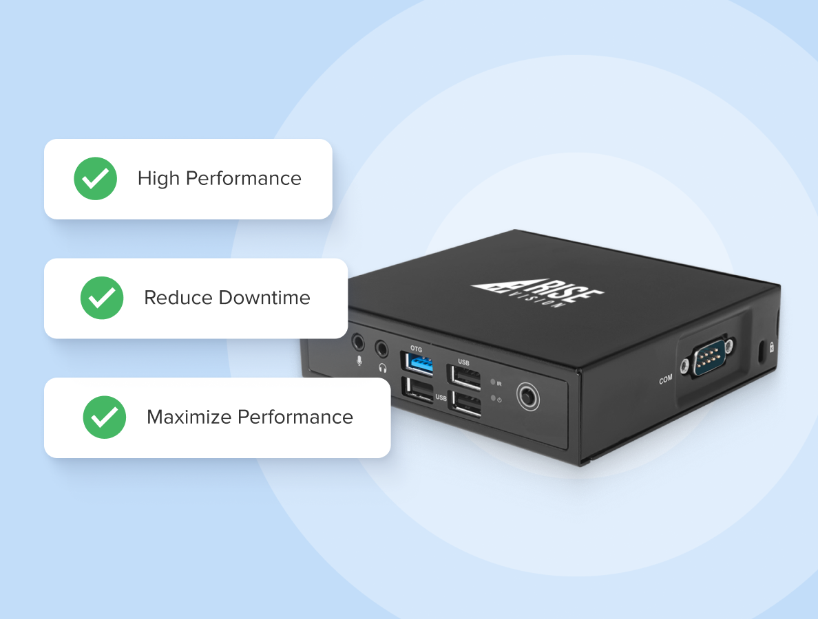 Rise Vision media player with text overlay on a blue background