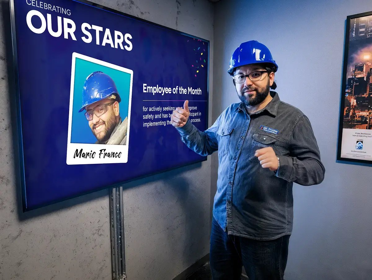 A male wearing a blue hard hat standing next to a display with his picture indicating he employee of the month