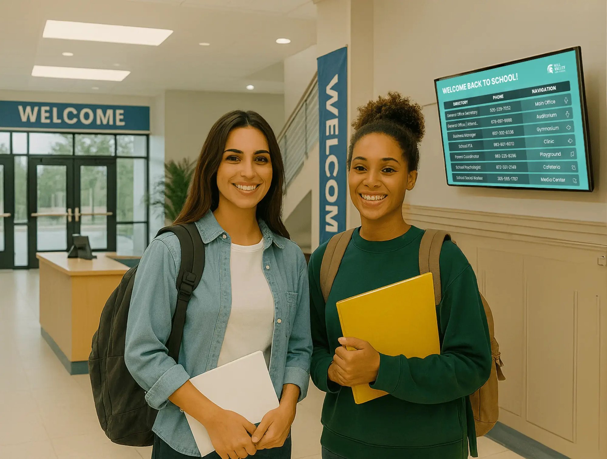Two female students in front of a digital directory display