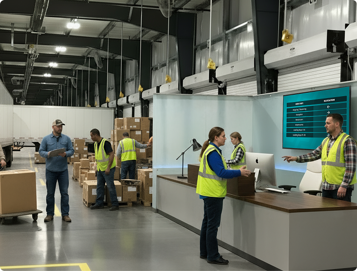 Logistics employees reviewing a digital director signage