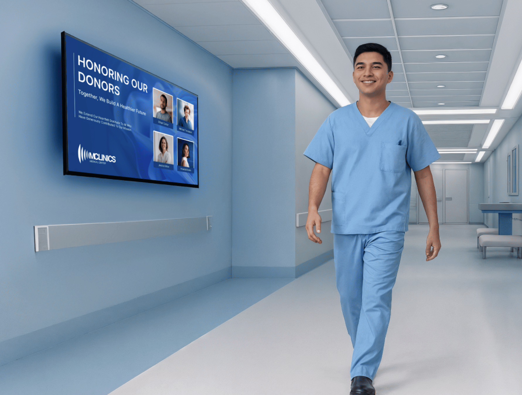 A medical practitioner walking through a hospital hallway with a digital donor board mounted on the wall