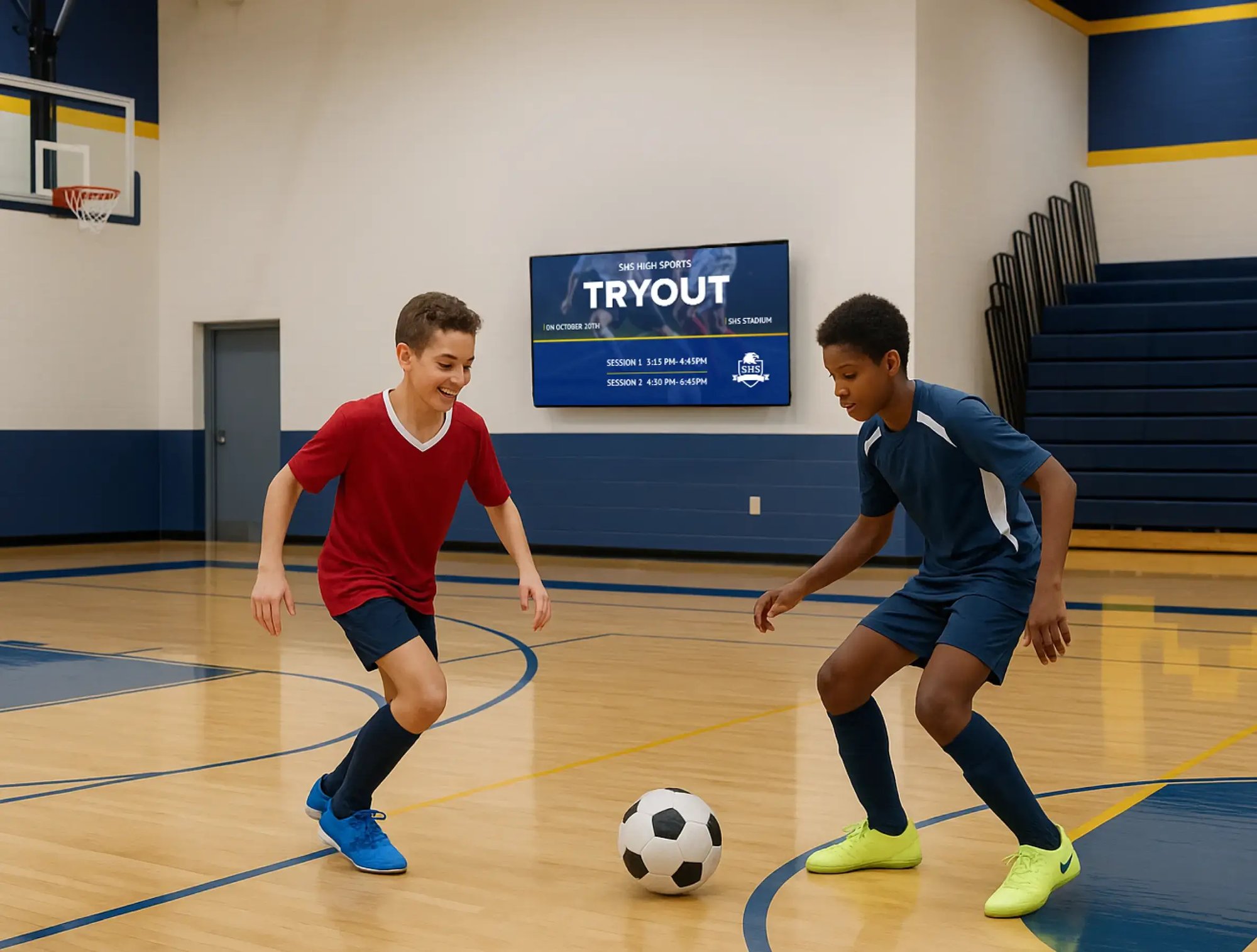 Digital poster in the background while kids play soccer in a gym