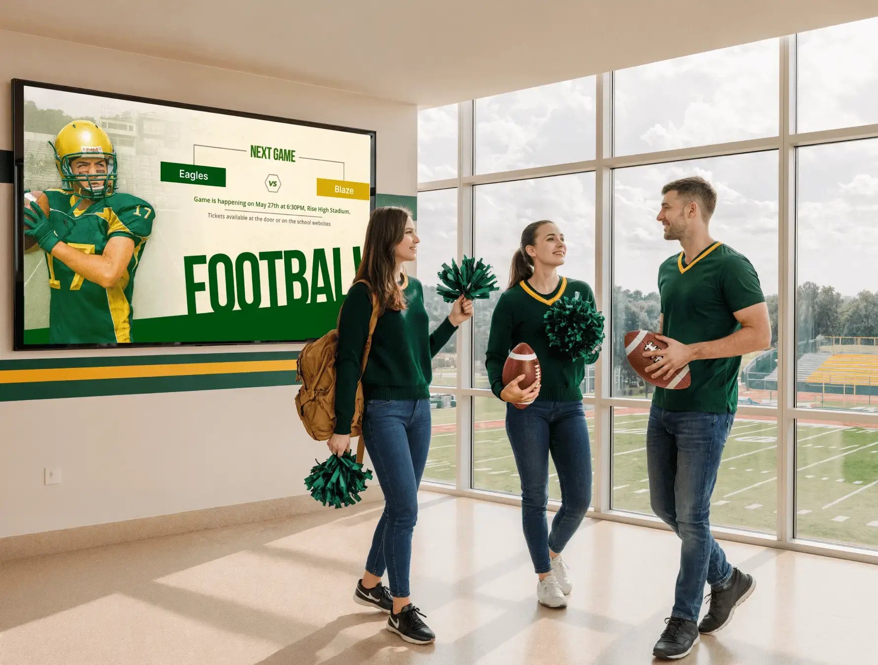 A male athelete and two female cheerleaders inside a college campus with a football digital signage mounted on the wall