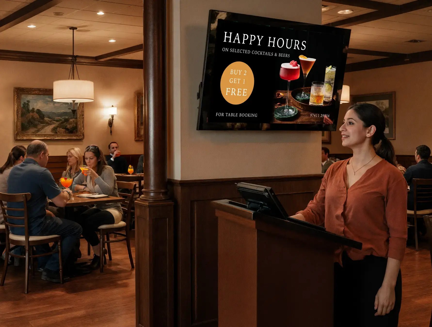 Restaurant interior greeter ready for new customers with a digital signage display mounted on the wall