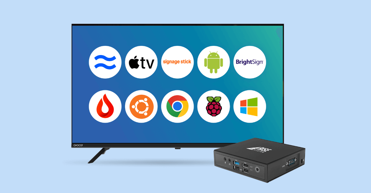 A digital display with 10 digital signage media player logos