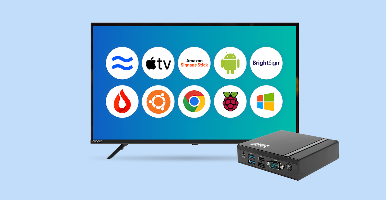 A digital display with 10 digital signage media player logos