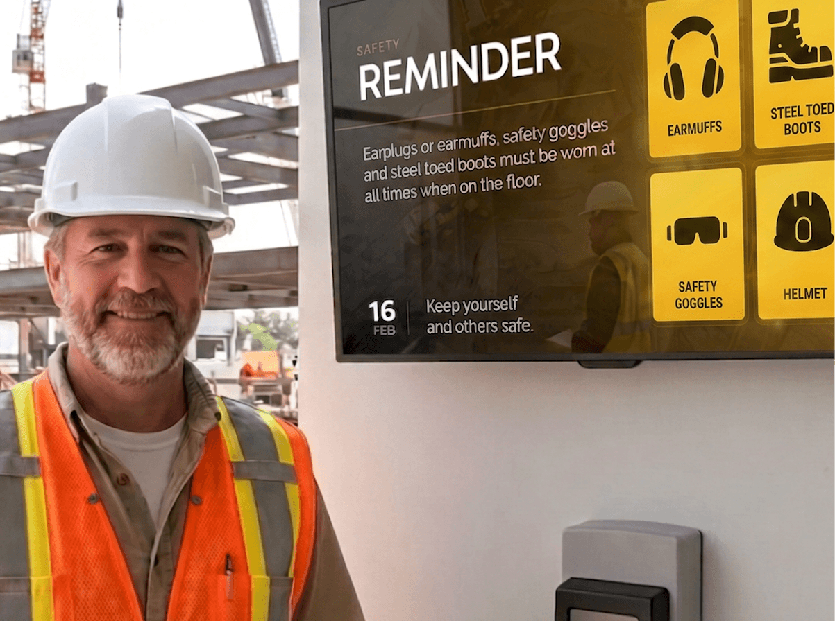 A man in a high visibility vest and white hard hat standing in front of a digital display showing a safety reminder