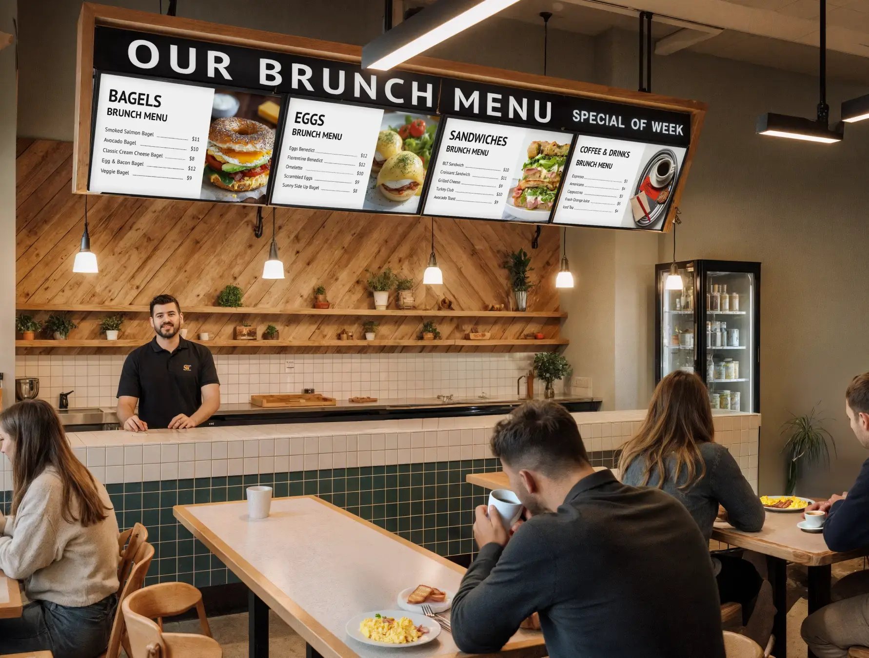 Dynamic digital menu boards in a restaurant cafe