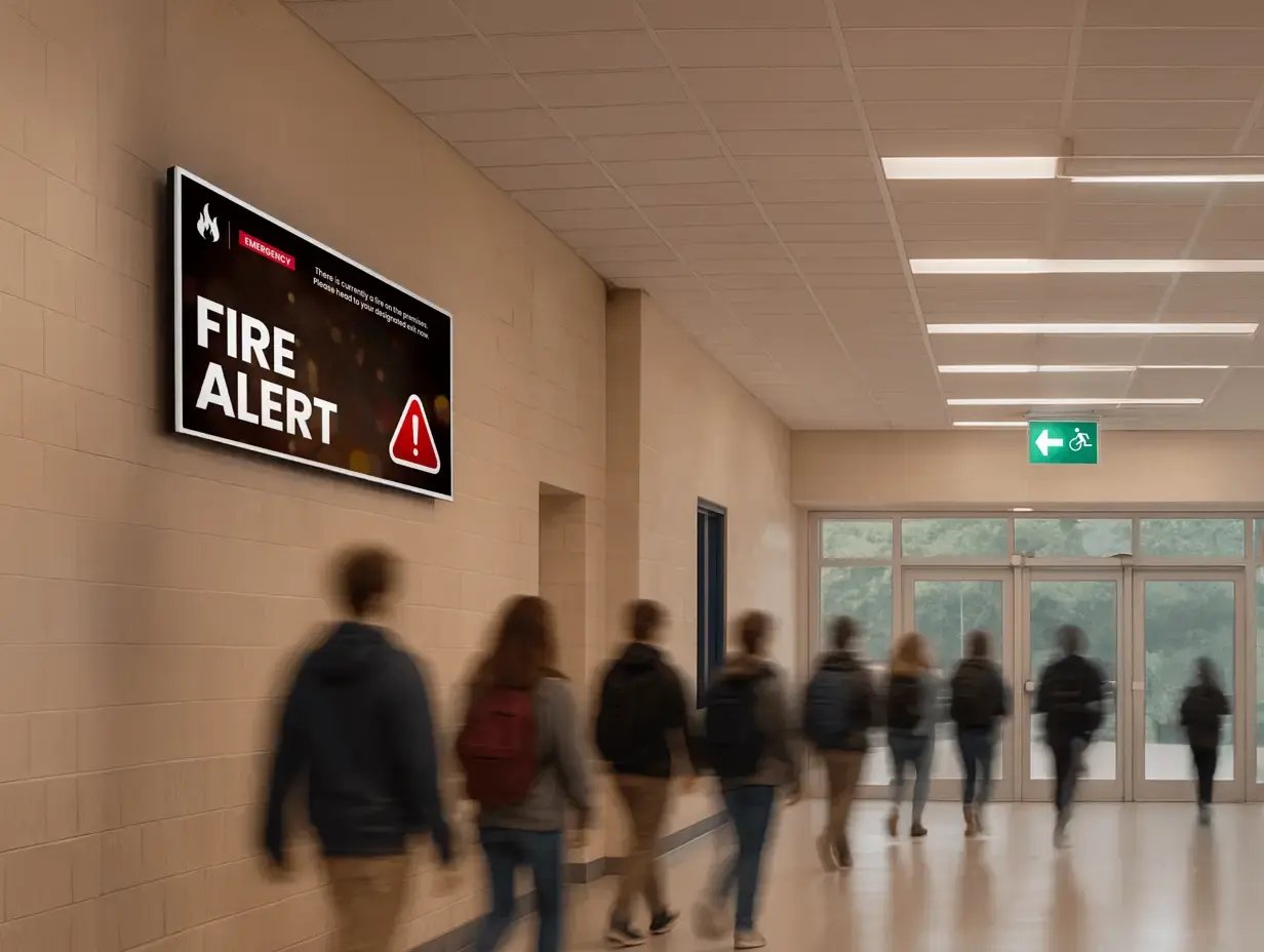 Students evacuating school with an emergency alert notifying them of a fire