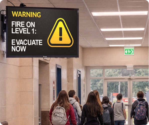 An emergency alert display mounted in the hallway of a K-12 school