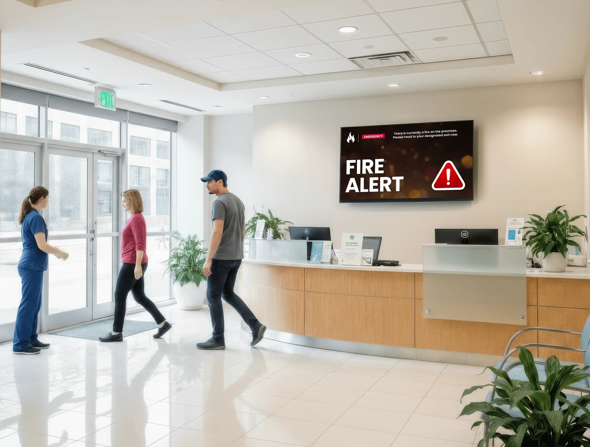 The lobby of a hospital where an emergency digital signage display is available for visitors