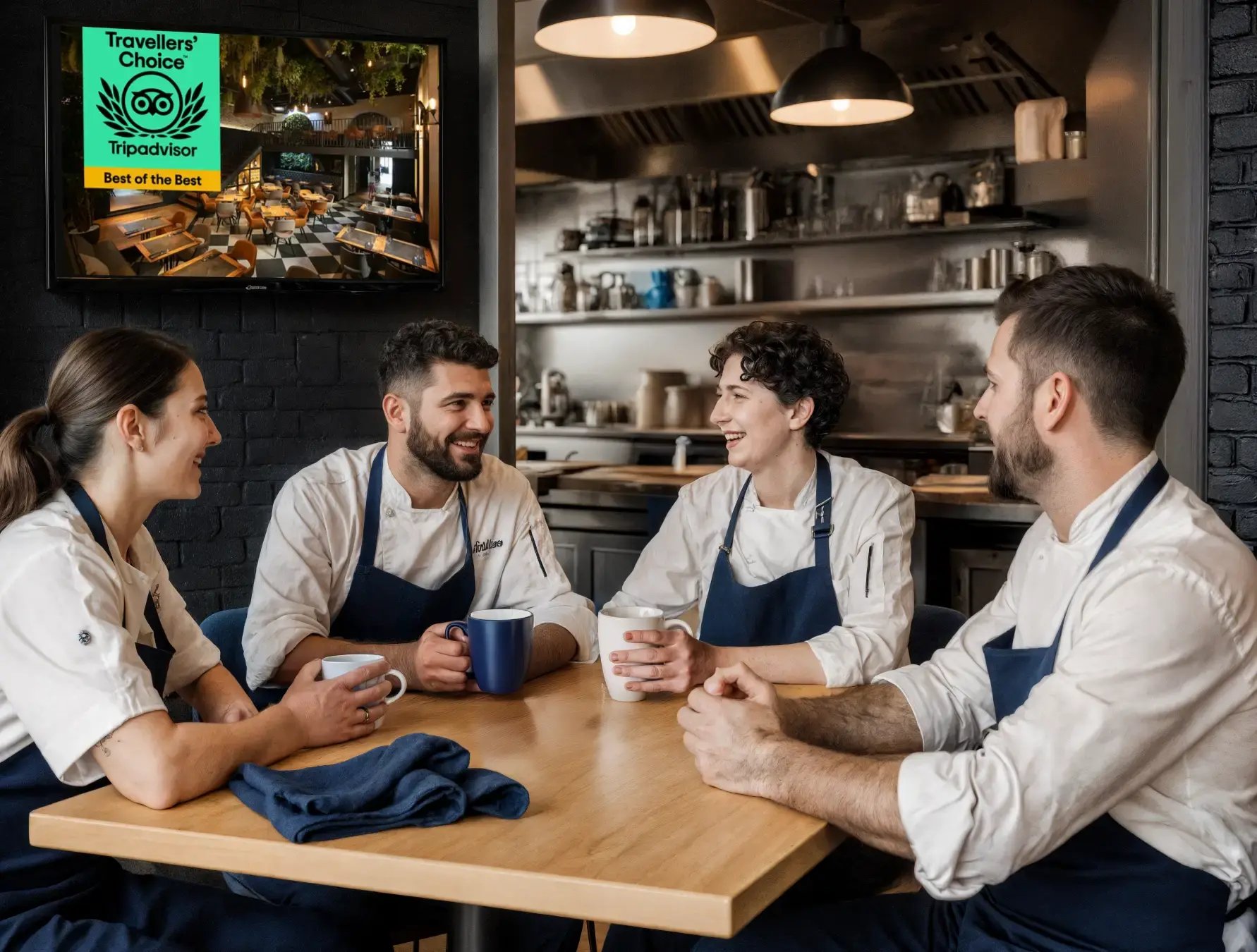 Employee recognition display above a meeting where chefs are at a table gathered around