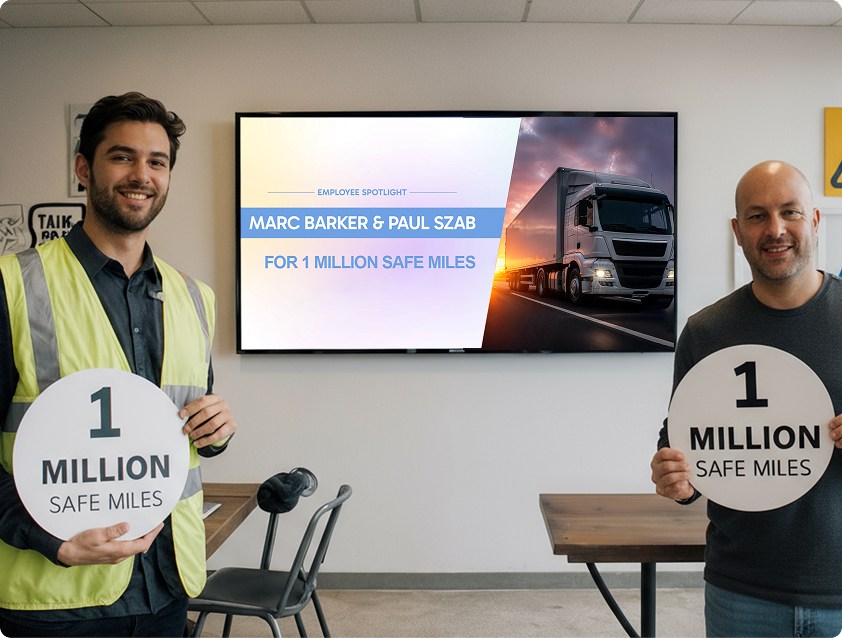 Two men holding signs with a digital signage display mounted on a wall