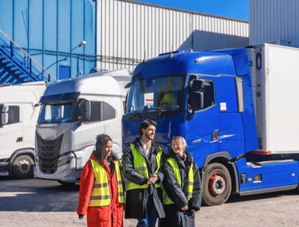 3 workers walking in front of 3 transportation trucks