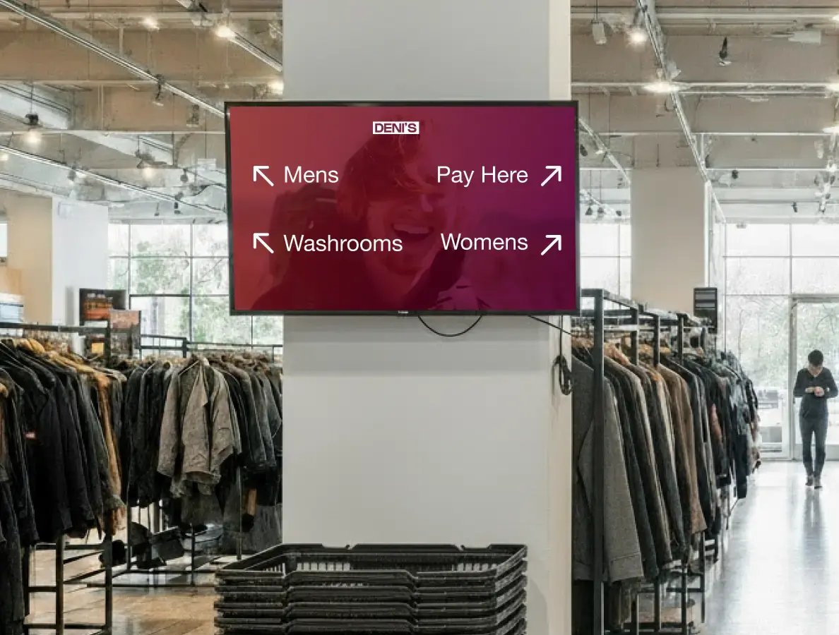 Wayfinding digital display on a wall inside a large retail shop