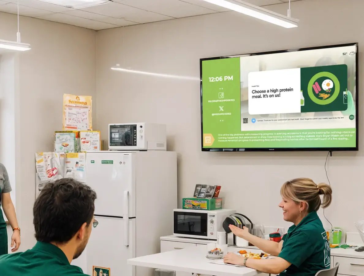 Employee bulletin board digital display in a cafe of a retail shop