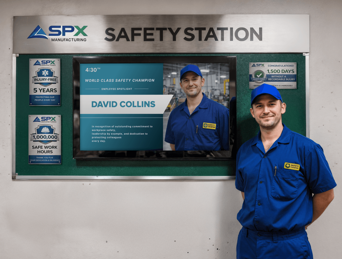 A worker standing in front of a digital safety hall of fame display