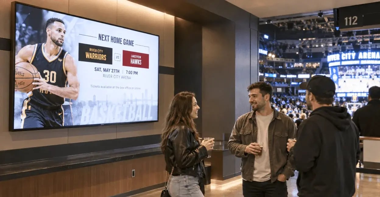 stadium digital signage with 3 people discussing in front of a screen displaying a basketballer