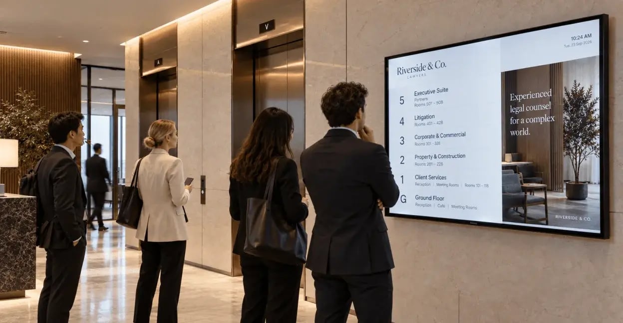 image of people just about to get into an elevator but looking at a digital signage at the lobby