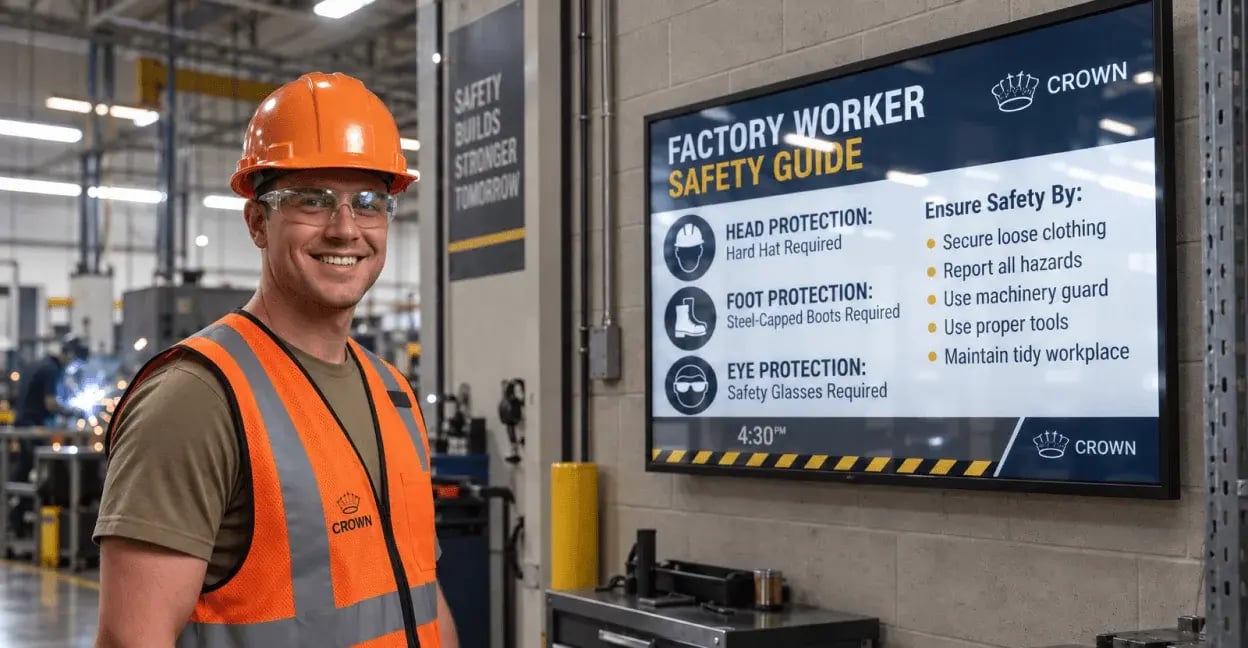 hero image of factory safety signage. an engineer in helment standing beside a signage