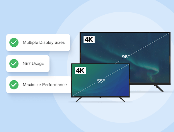 Avocor Displays showing various sizes with text overlay on a blue background