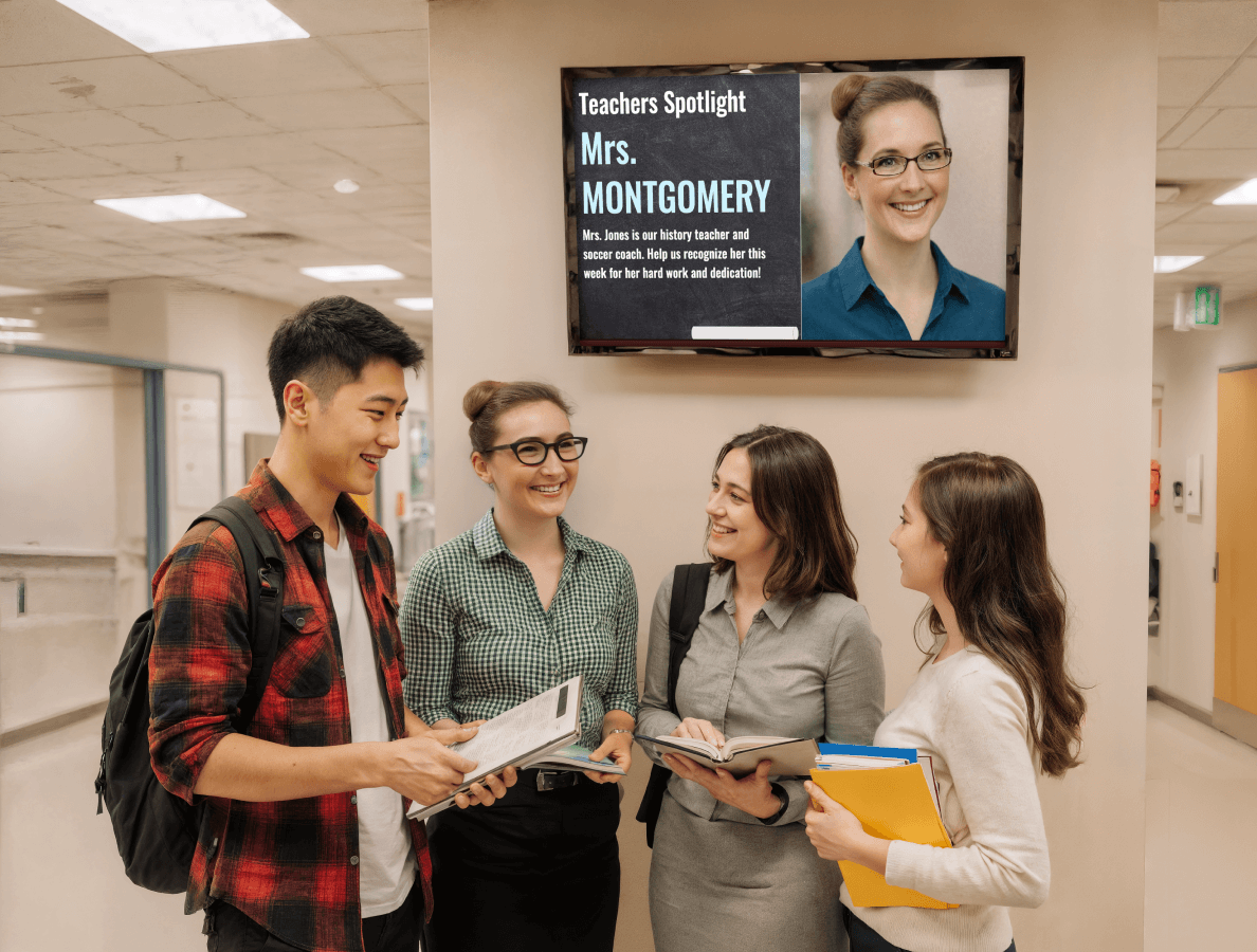 A female teacher and 3 students standing in front of a digital display showing a teacher spotlight
