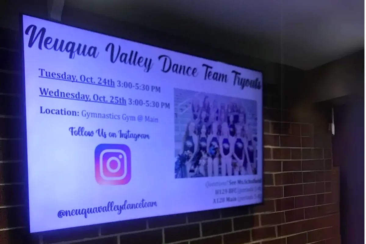 a digital signage tv at Indian Prairie CUSD 204, a 26,000-student district in Illinois.