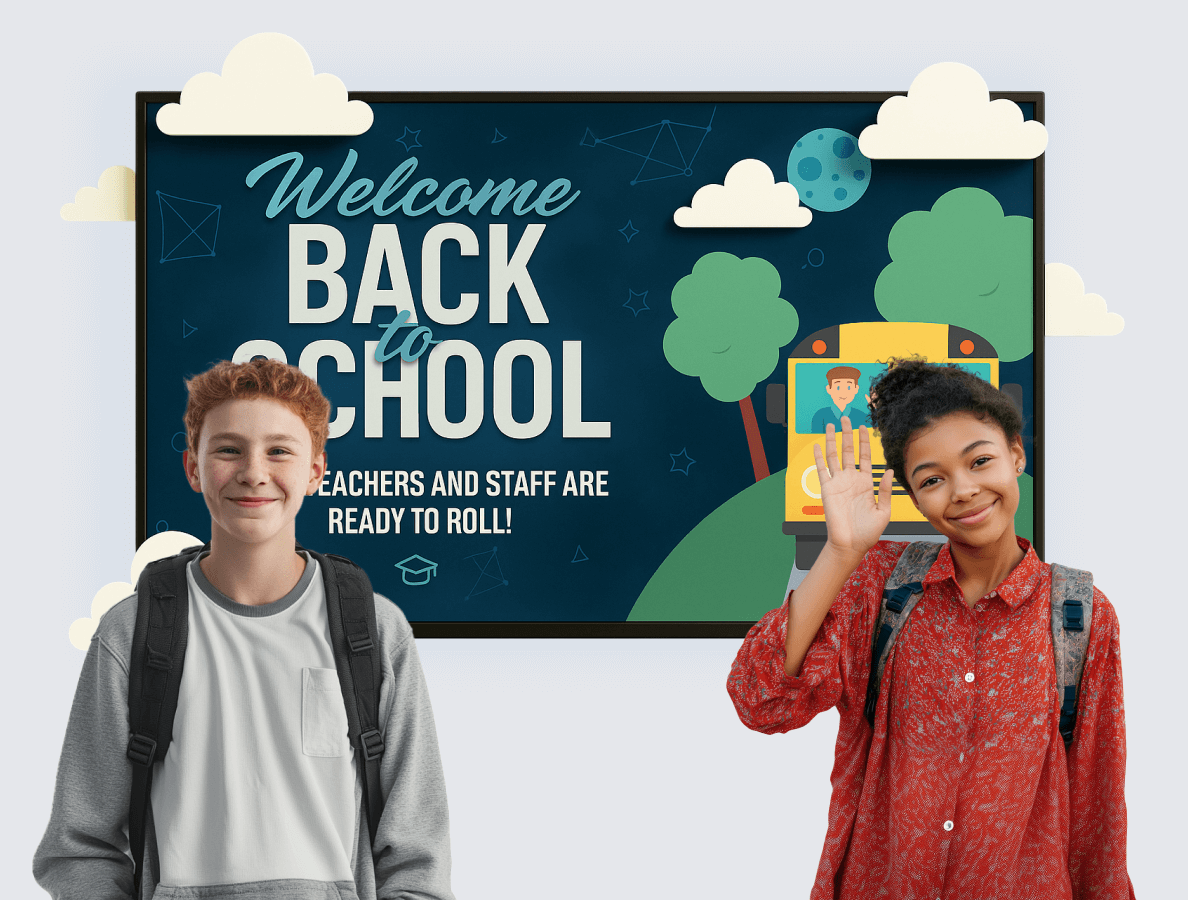 A male and female student standing in front of a back to school digital signage template