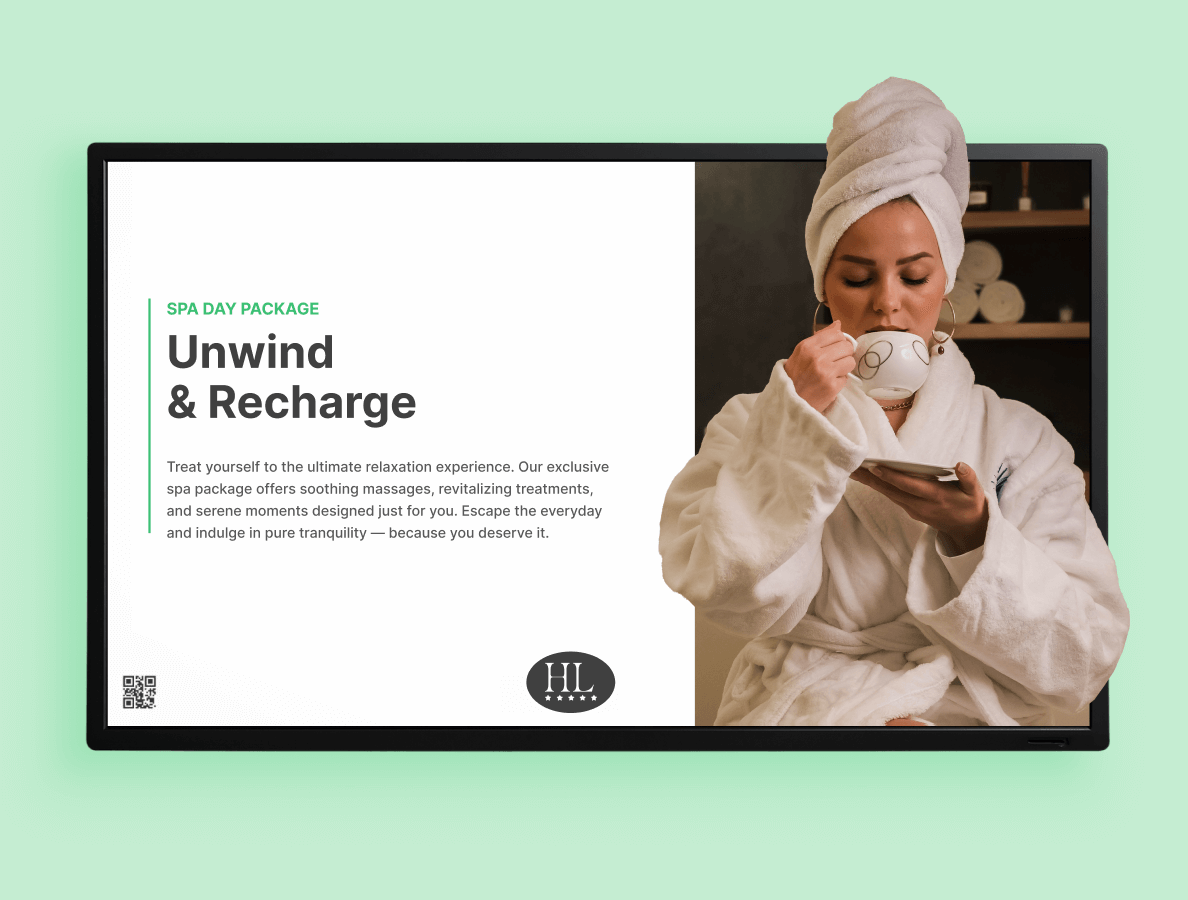 A digital signage display for the hospitality industry showing a female wearing a robe and towel enjoying a warm drink in a spa environment