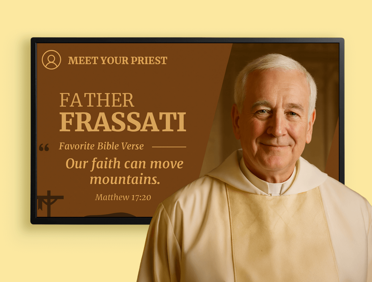 A digitial signage display for religious occassions and venues features a religious clerk standing in front of the display