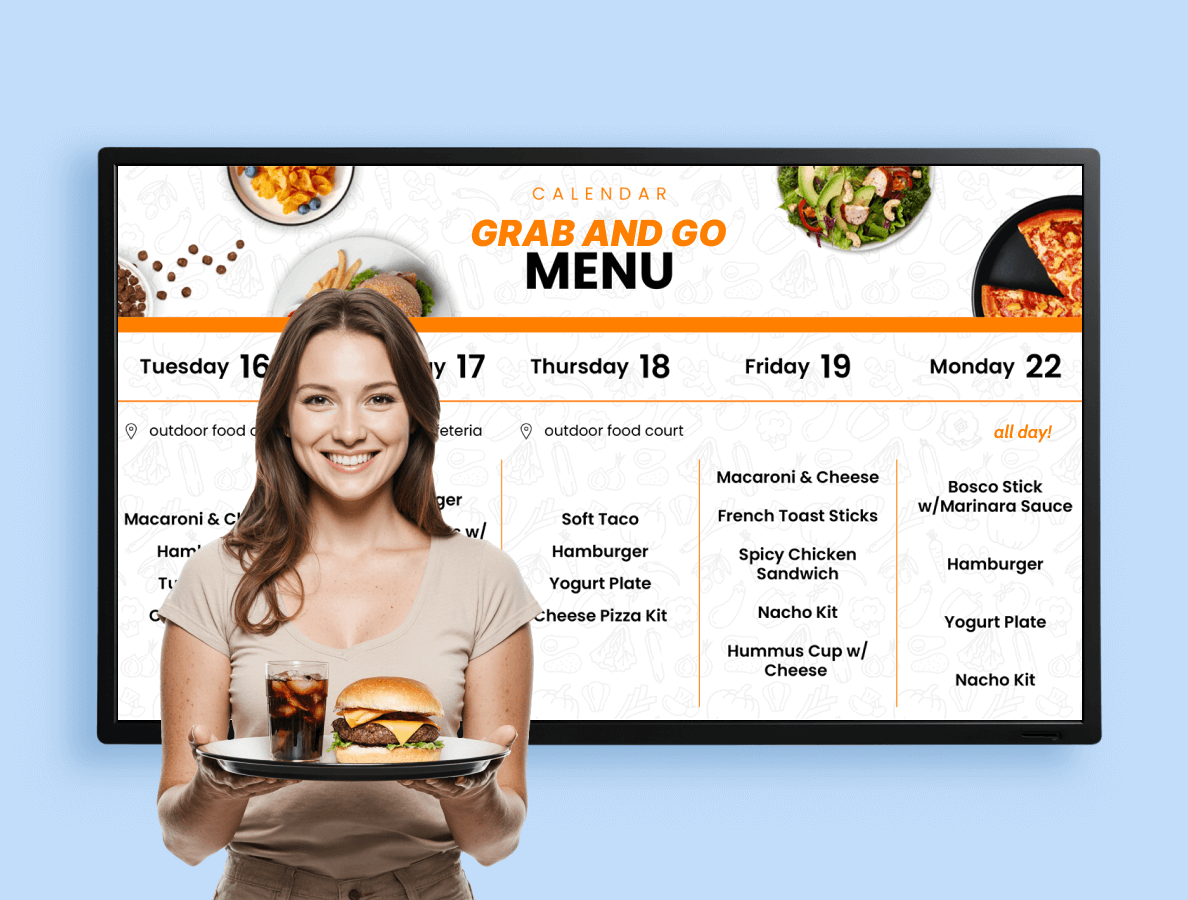 A female waiter stands in front of a digital menu signage display for restaurants