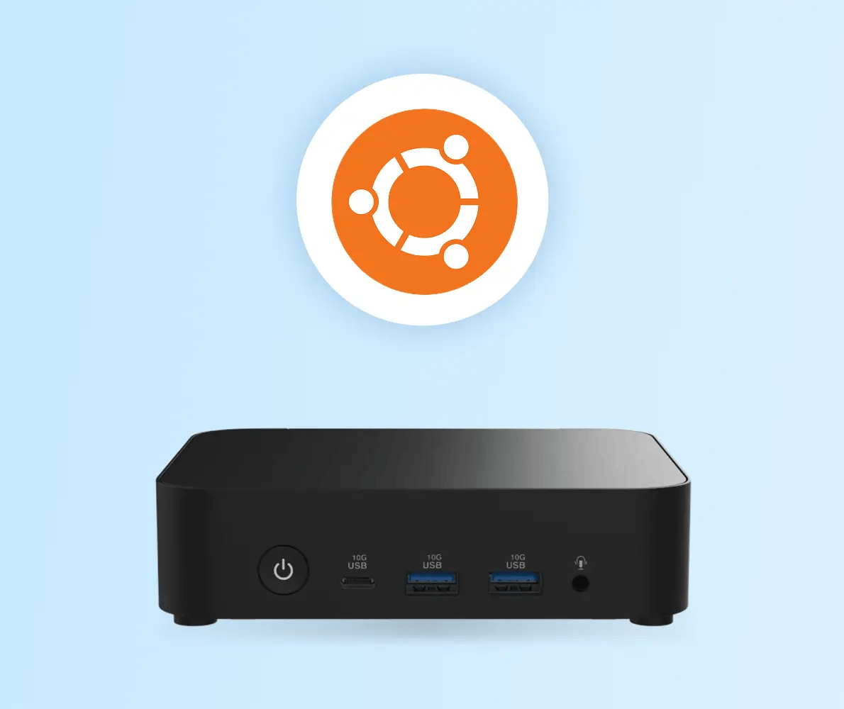 Ubuntu Linux media player and logo on a blue background